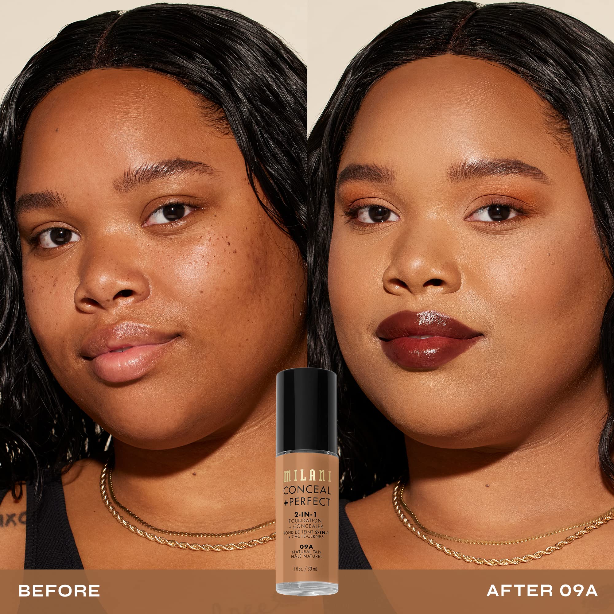 Milani Conceal + Perfect 2in1 swatches displaying shade range and natural finish across tones.