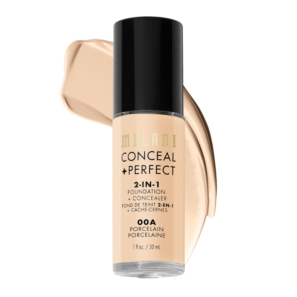 Milani Conceal + Perfect porcelain bottle shows seamless coverage on fair skin.