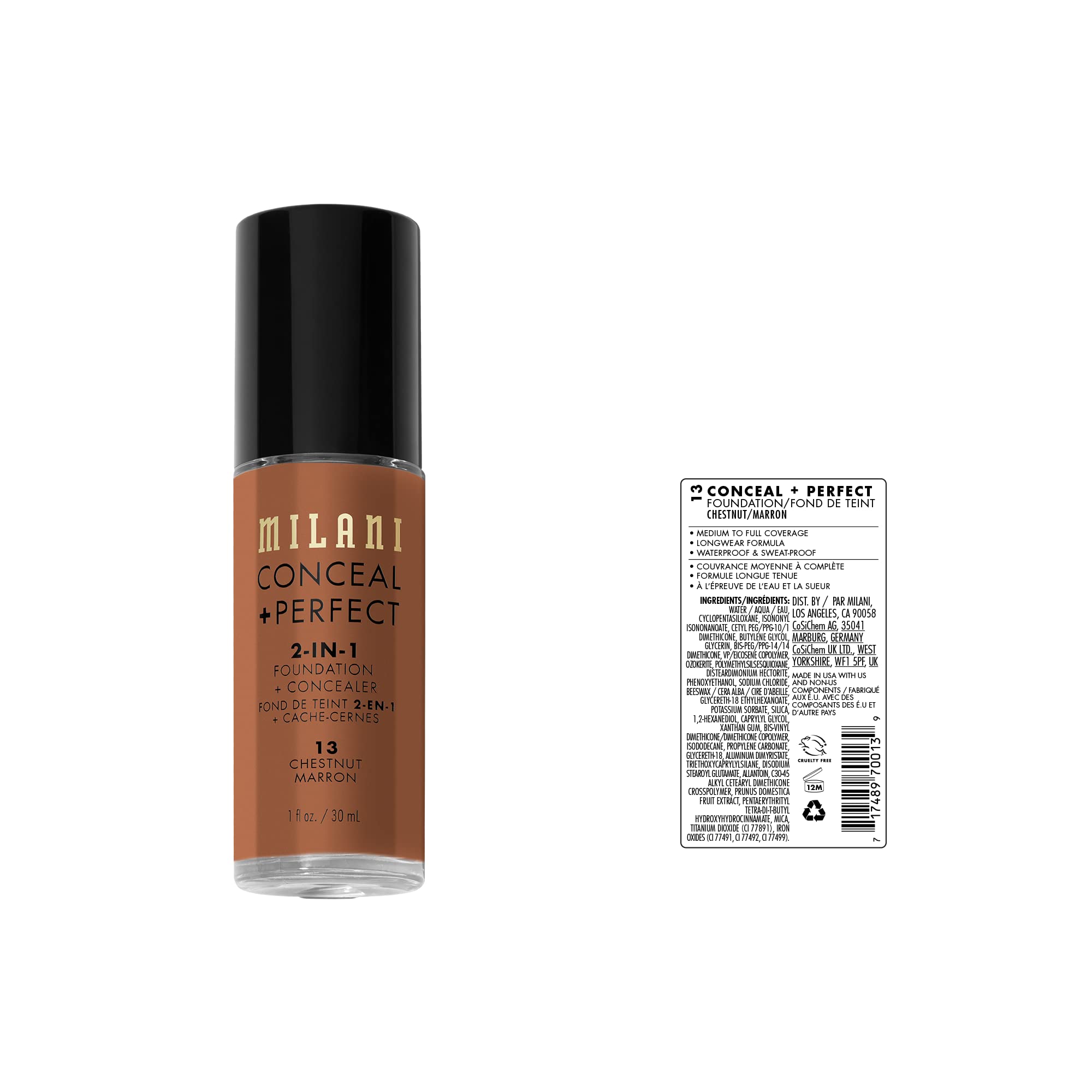 Milani Conceal + Perfect chestnut shade swatches for natural match