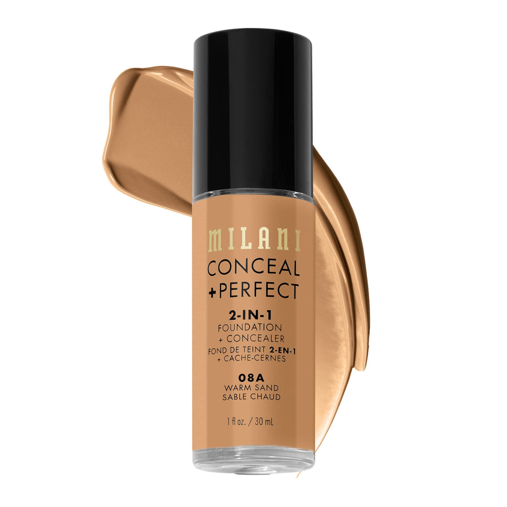 Milani Conceal + Perfect Liquid Foundation Warm Sand bottle close-up shows smooth coverage.