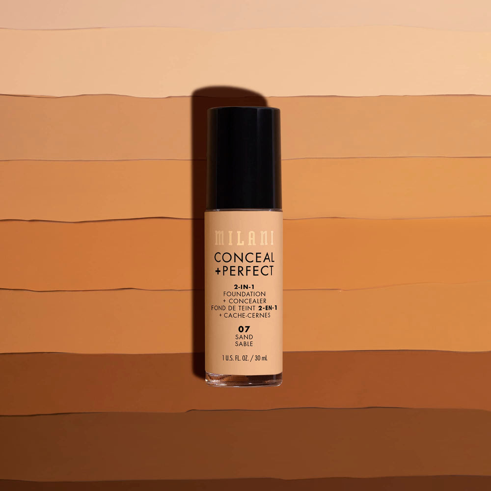 Milani Conceal + Perfect Warm Sand face application illustrates versatile use with sponge or brush.