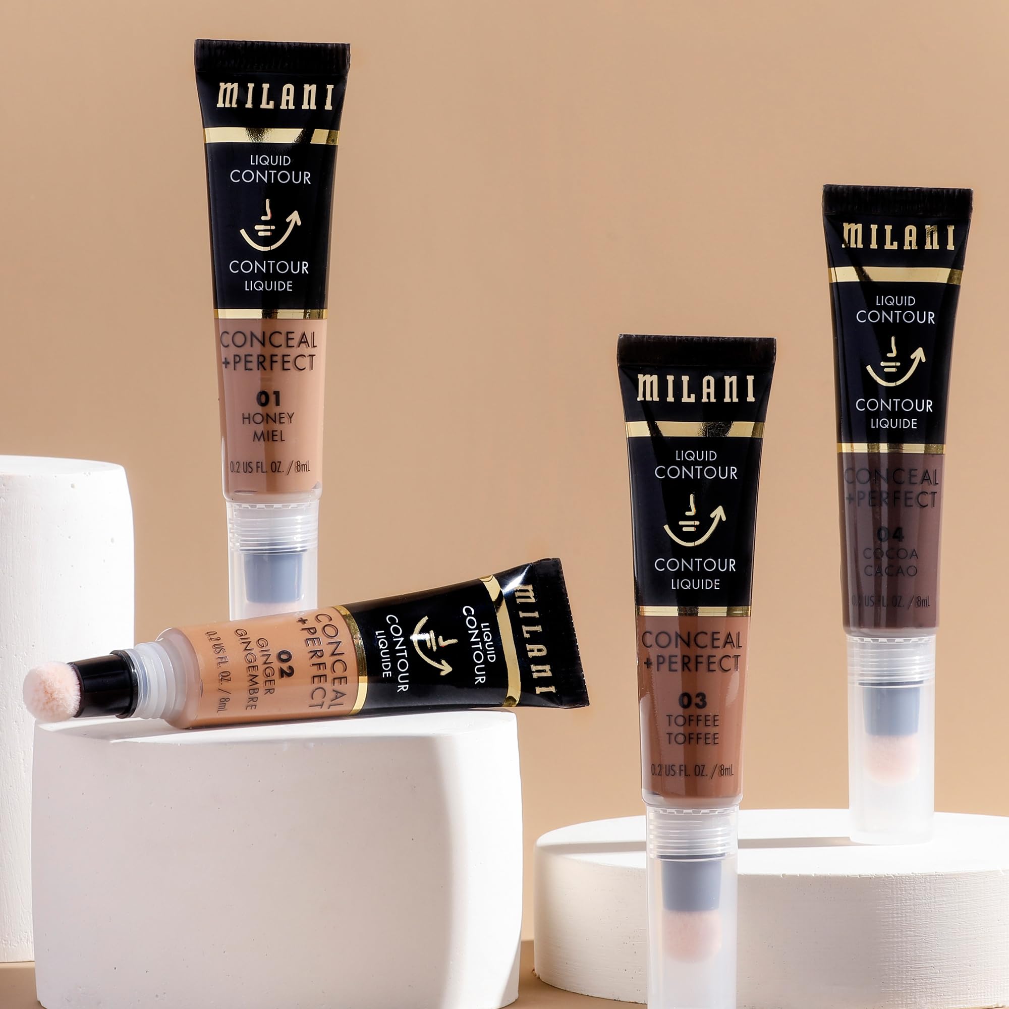 Milani Conceal + Perfect Contorno líquido Ginger, combinación ideal con iluminador para brillo suave.