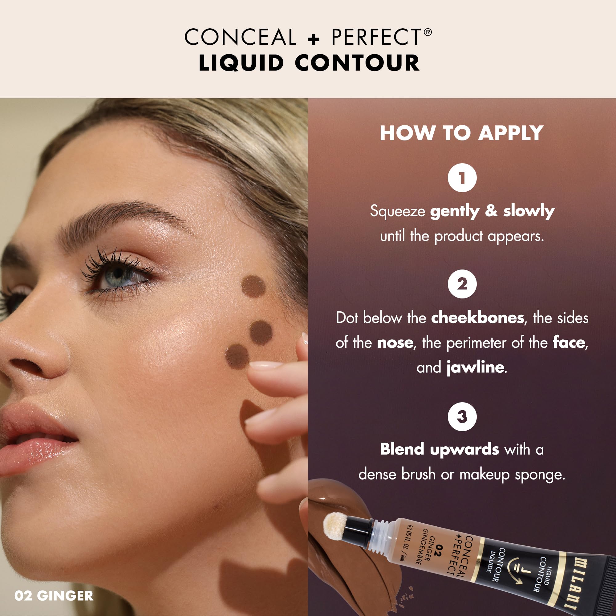 Milani Conceal + Perfect Contorno líquido Ginger, efecto lifting suave para rasgos definidos.