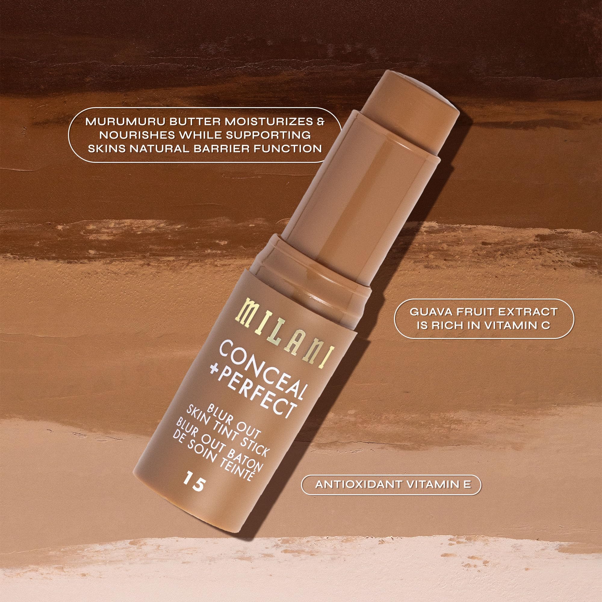 Milani Conceal + Perfect Skin Tint Stick close-up texture shows smooth, blendable formula.