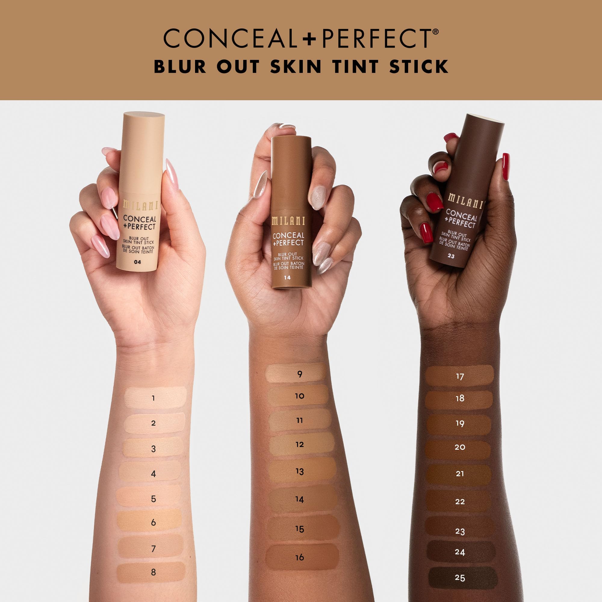 Milani Conceal + Perfect Skin Tint Stick shade 05 swatch demonstrates universal shade range.