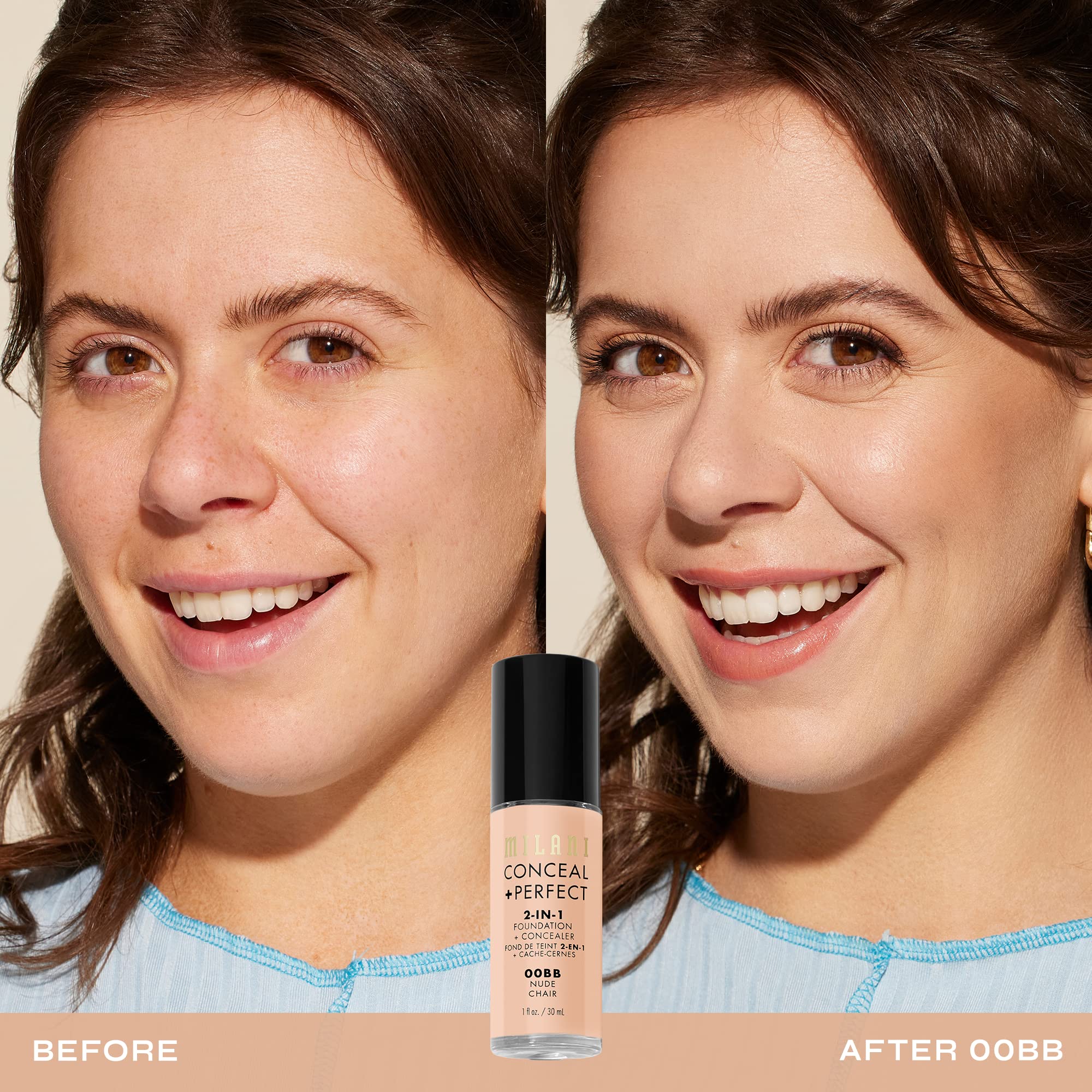 Milani Conceal + Perfect swatches show 45 shades for perfect skin match.