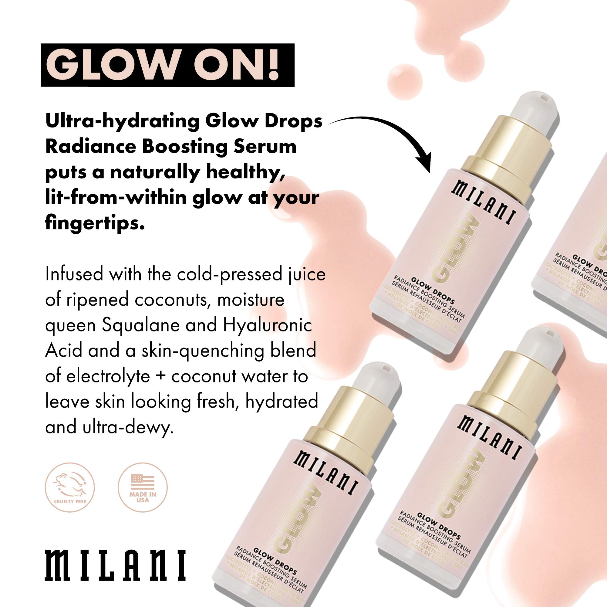 Milani Glow Drops dewy-skin look after use suggests fresh radiance