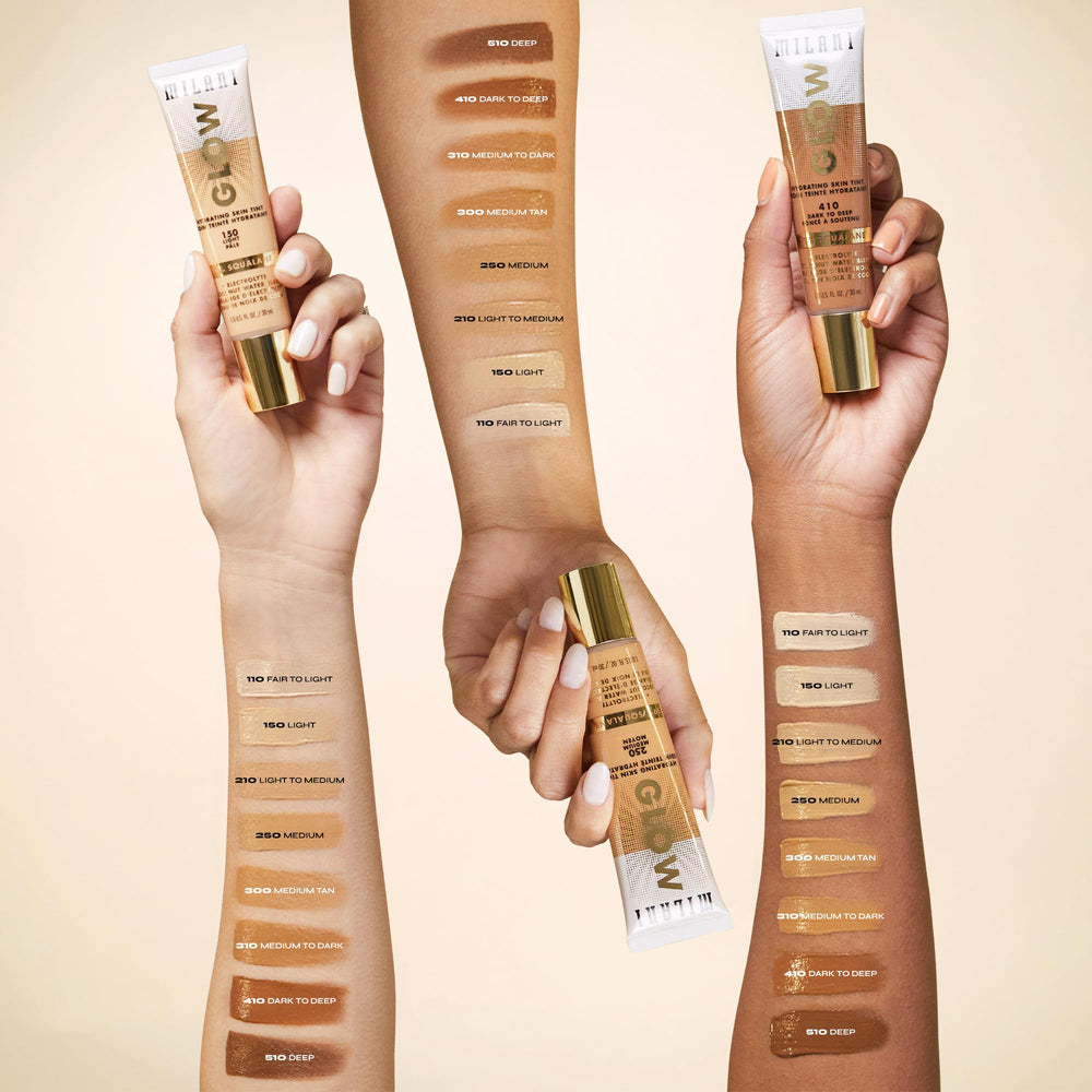 Milani Glow Hydrating Skin Tint bottle highlights squalane-rich moisture benefits.