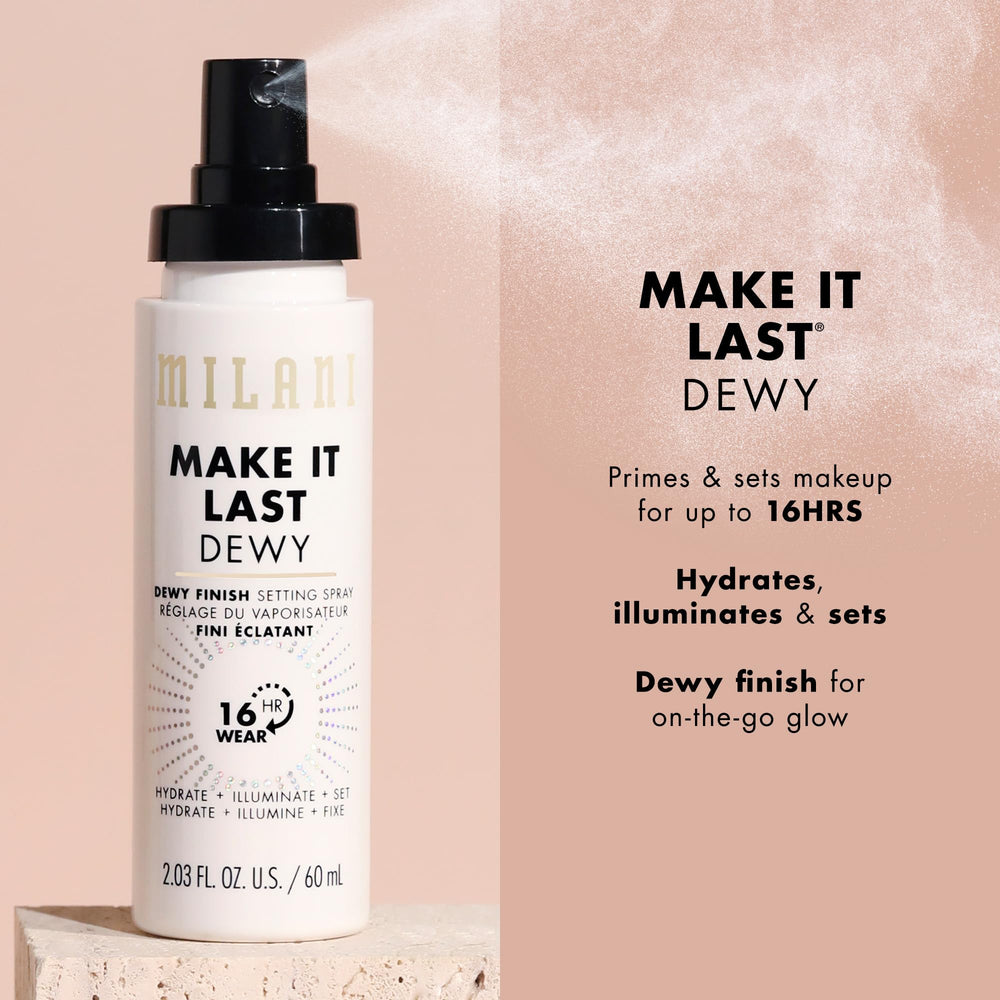 Milani Make It Dewy over makeup refresh shows dewy finish and long wear for on the go