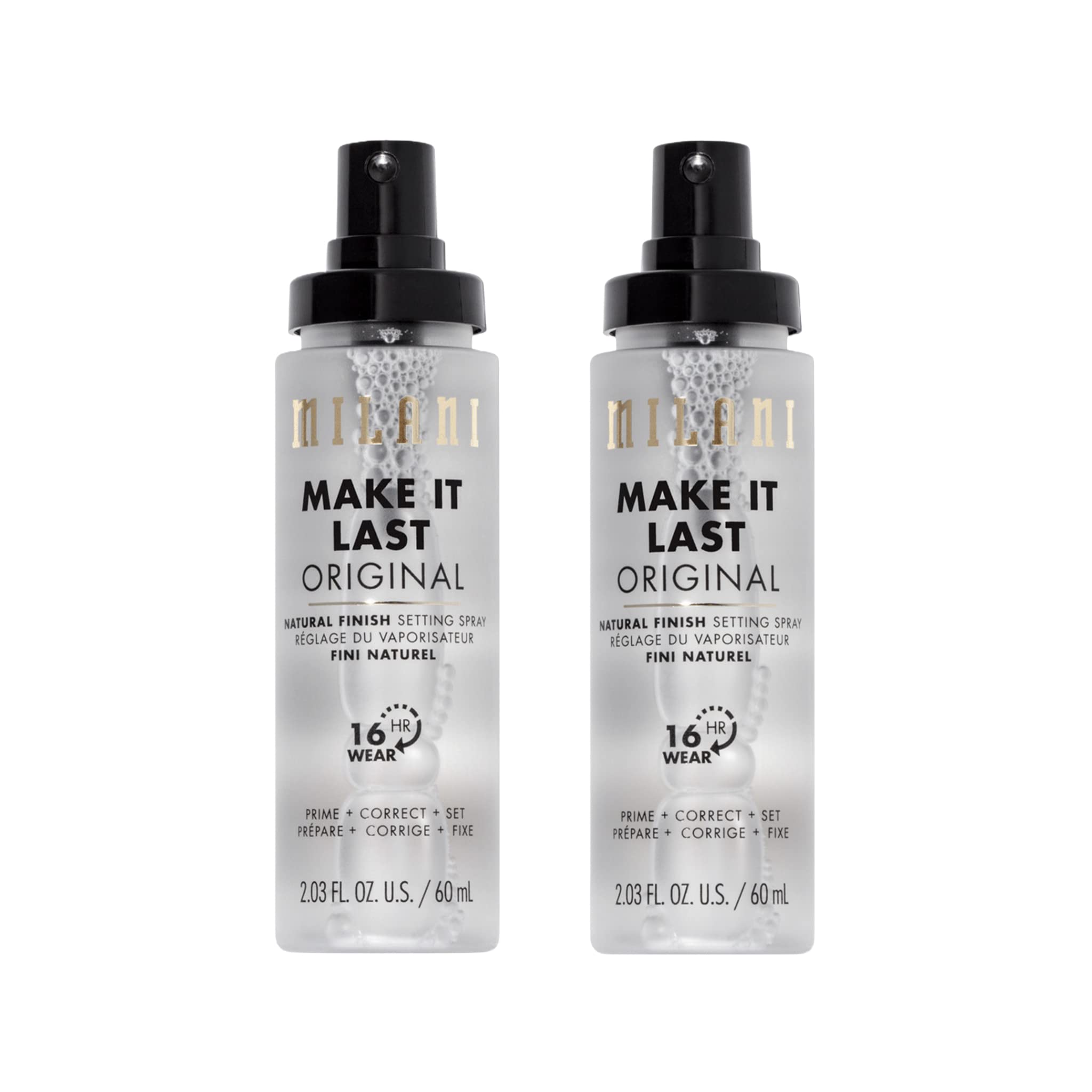 Milani Make It Last primer spray bottle close-up for long-lasting makeup wear.