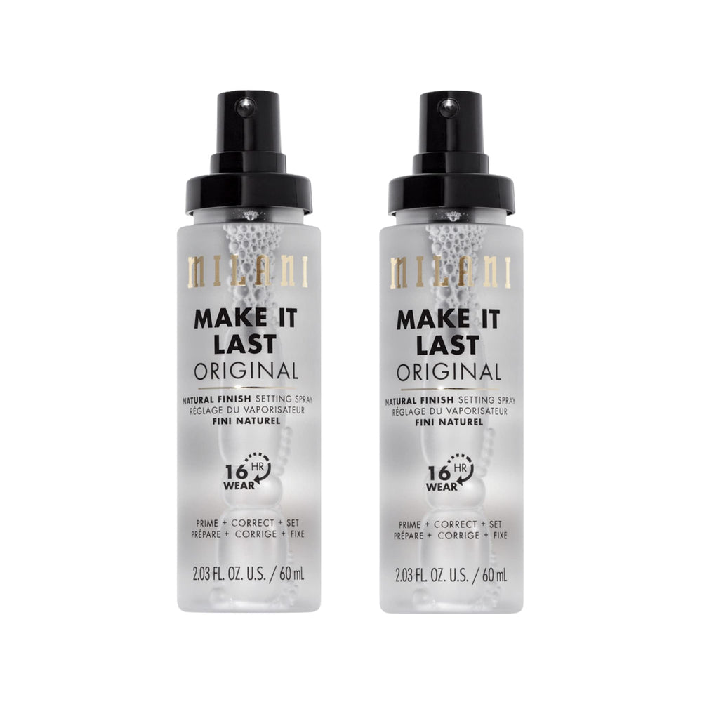 Milani Make It Last primer spray bottle close-up for long-lasting makeup wear.