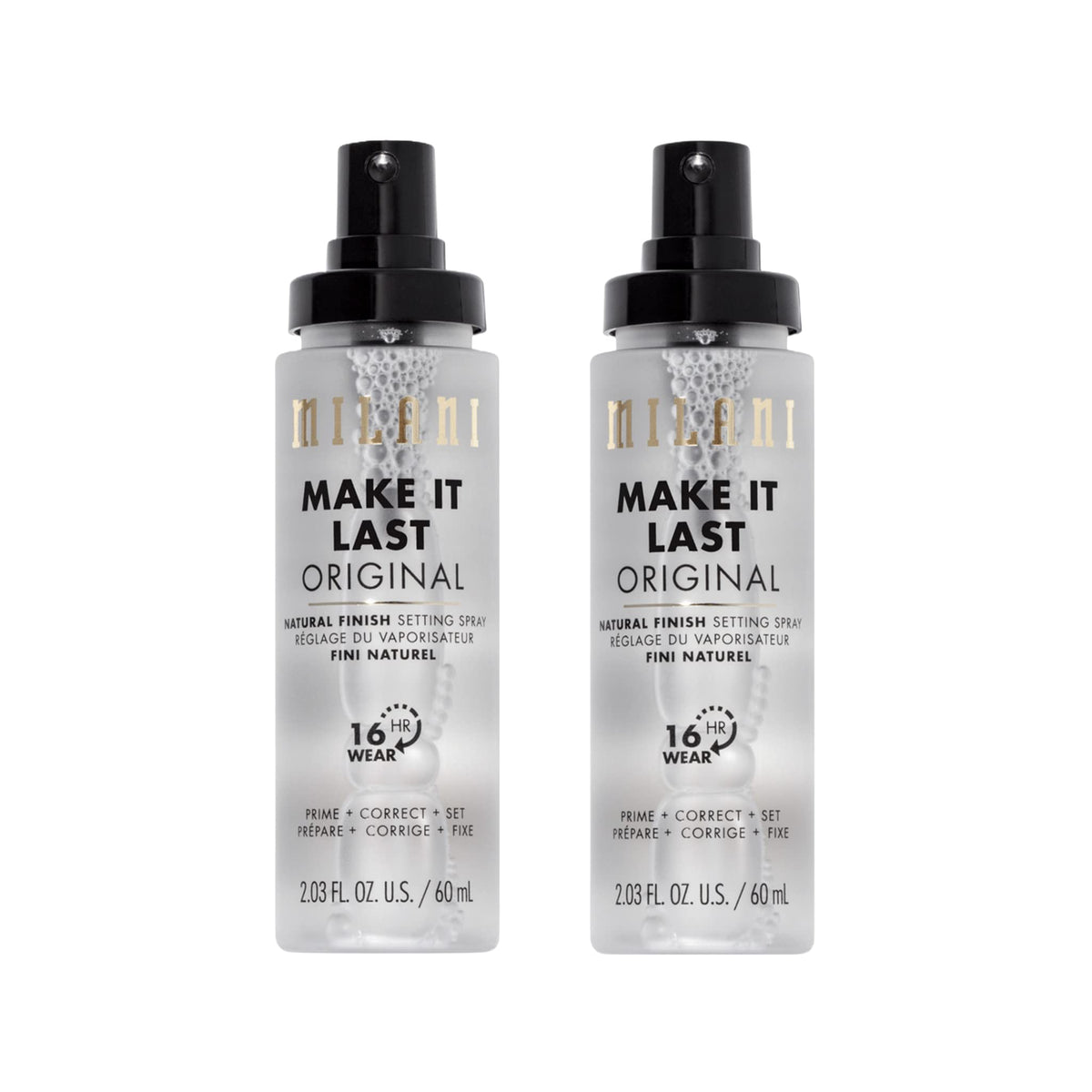 Milani Make It Last primer spray bottle close-up for long-lasting makeup wear.