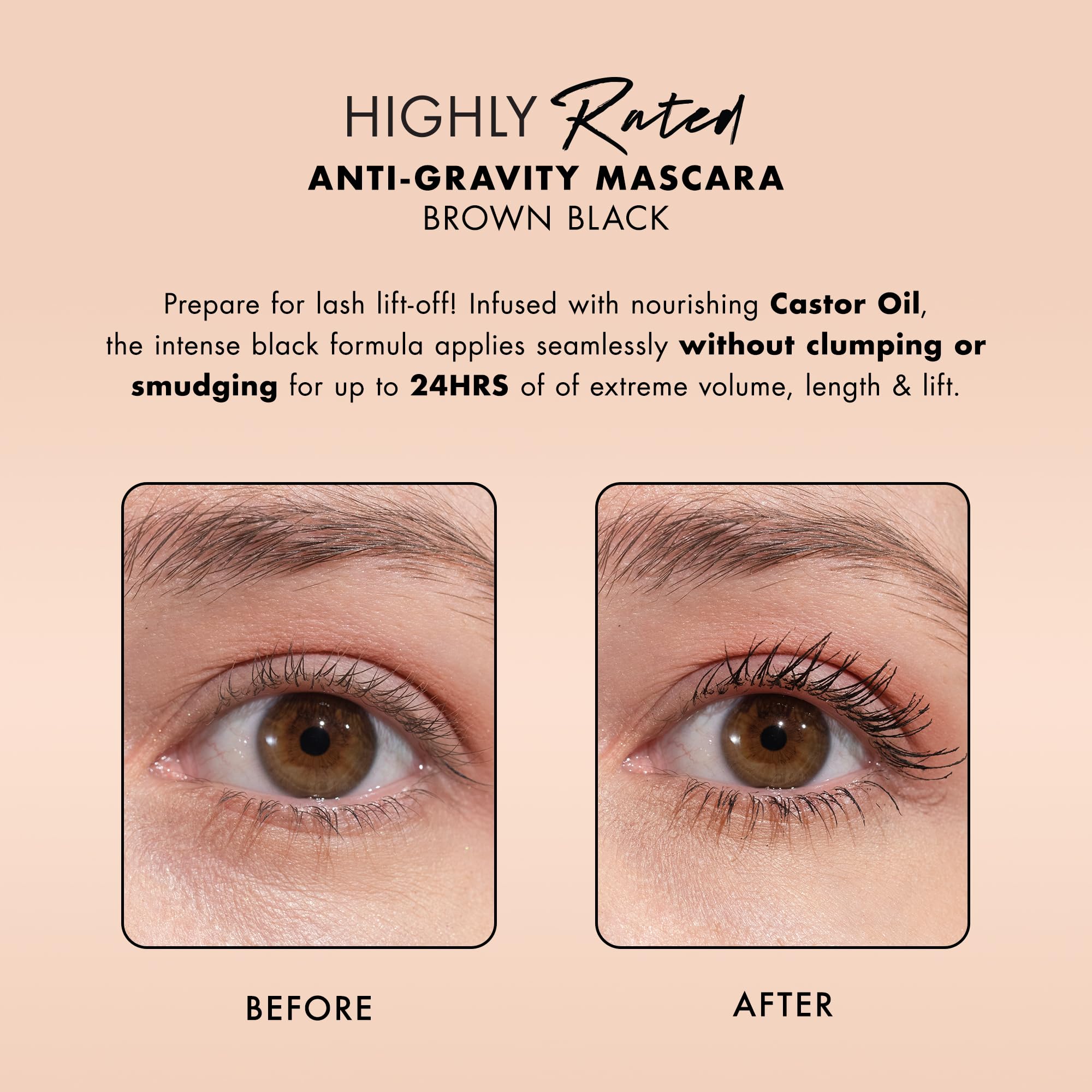 Milani Mascara before-after illustrates instant length and lift.