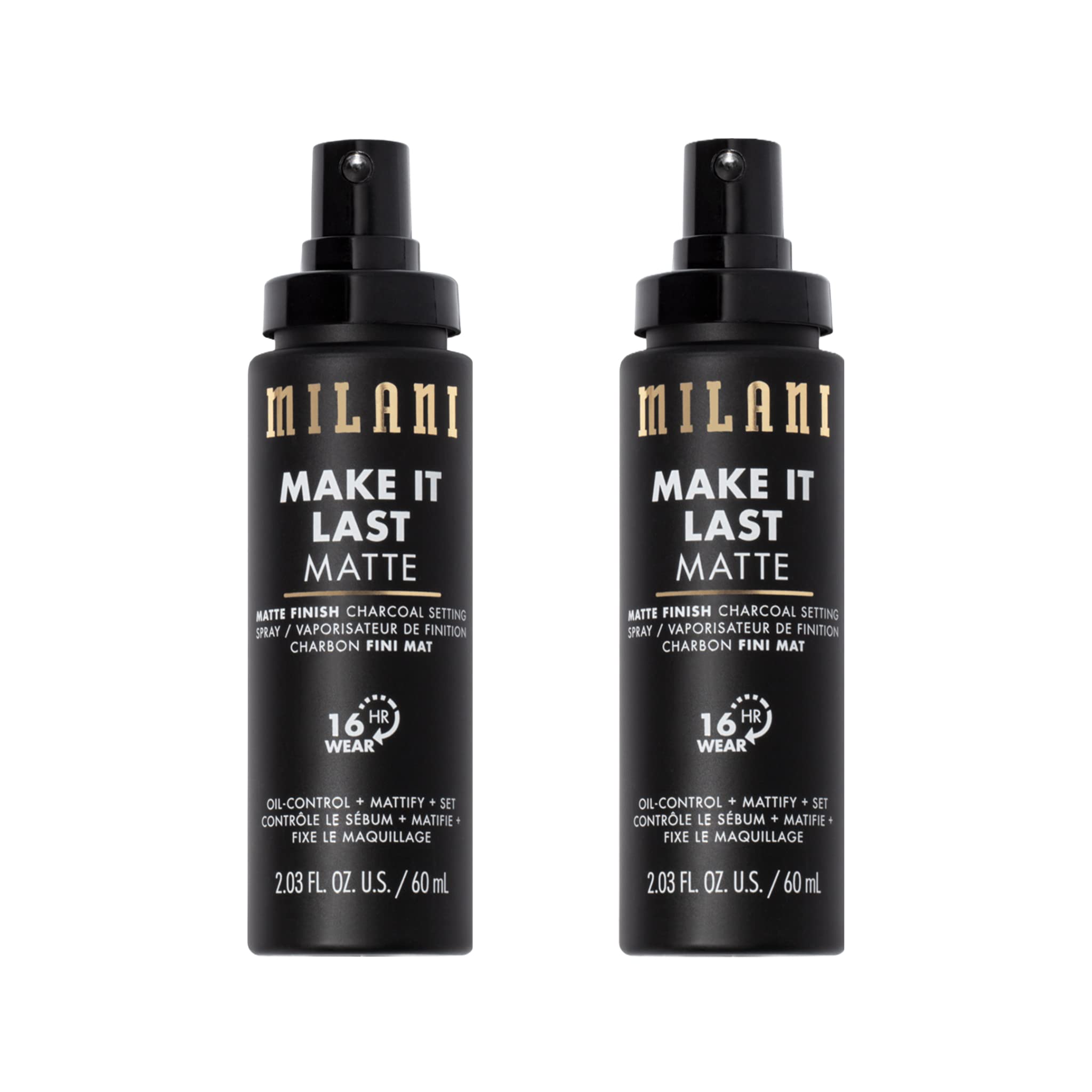 Milani setting spray charcoal bottle closeup for oil-control matte finish all day.