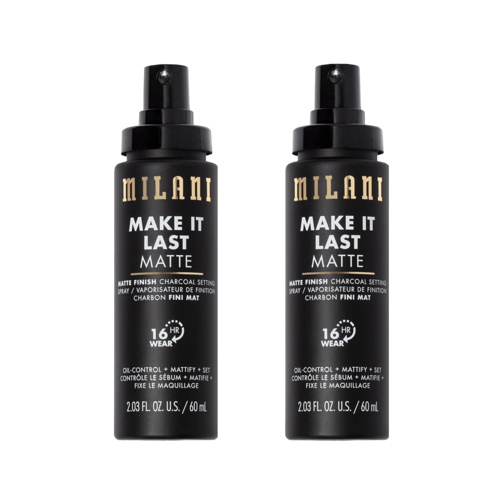 Milani setting spray charcoal bottle closeup for oil-control matte finish all day.