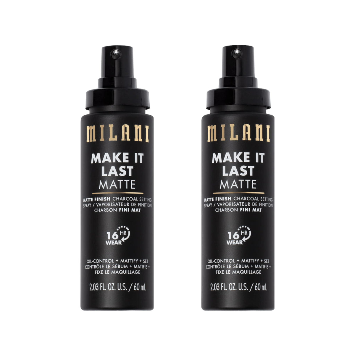 Milani setting spray charcoal bottle closeup for oil-control matte finish all day.