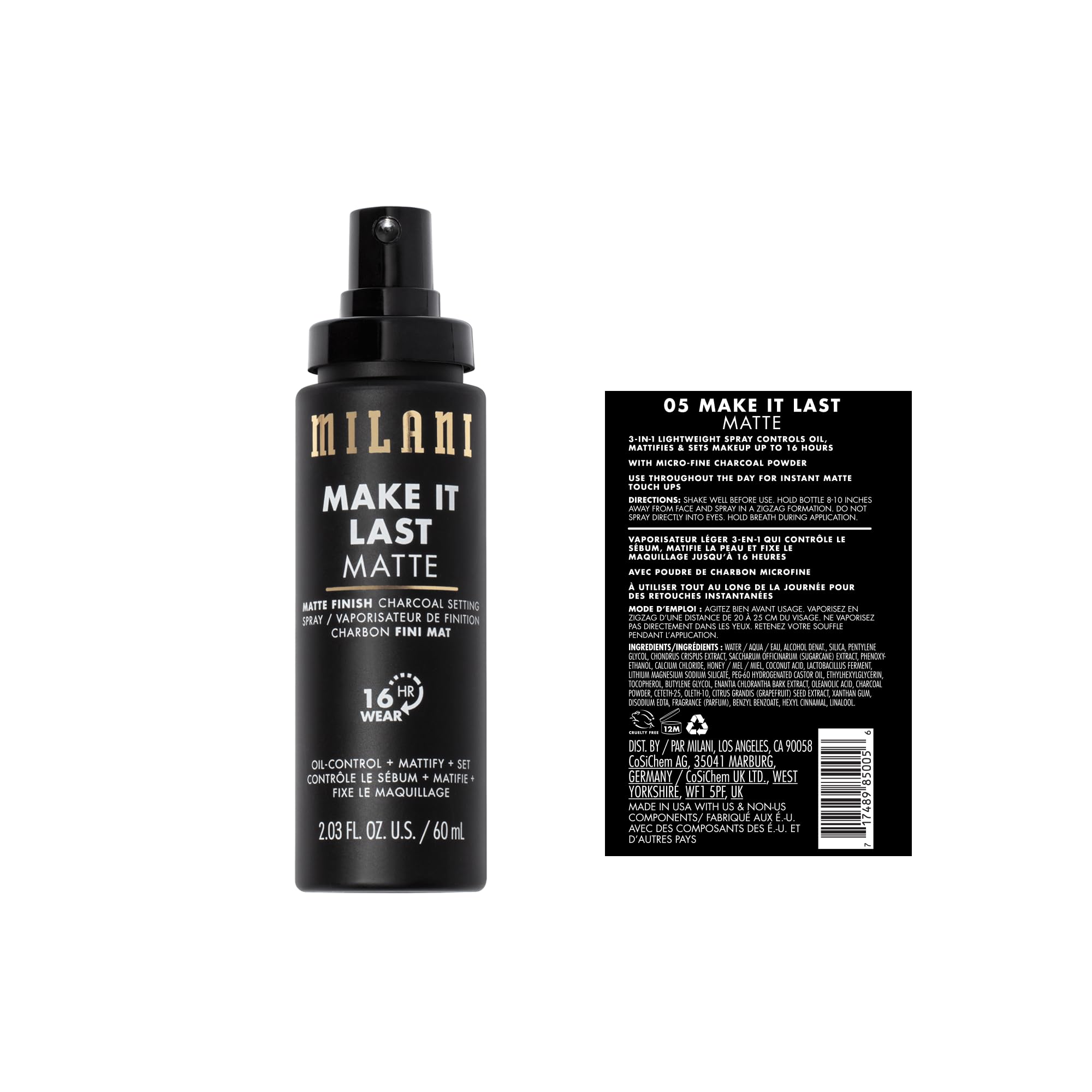 Milani setting spray charcoal usage tip hold 8-10 inches for even mist.