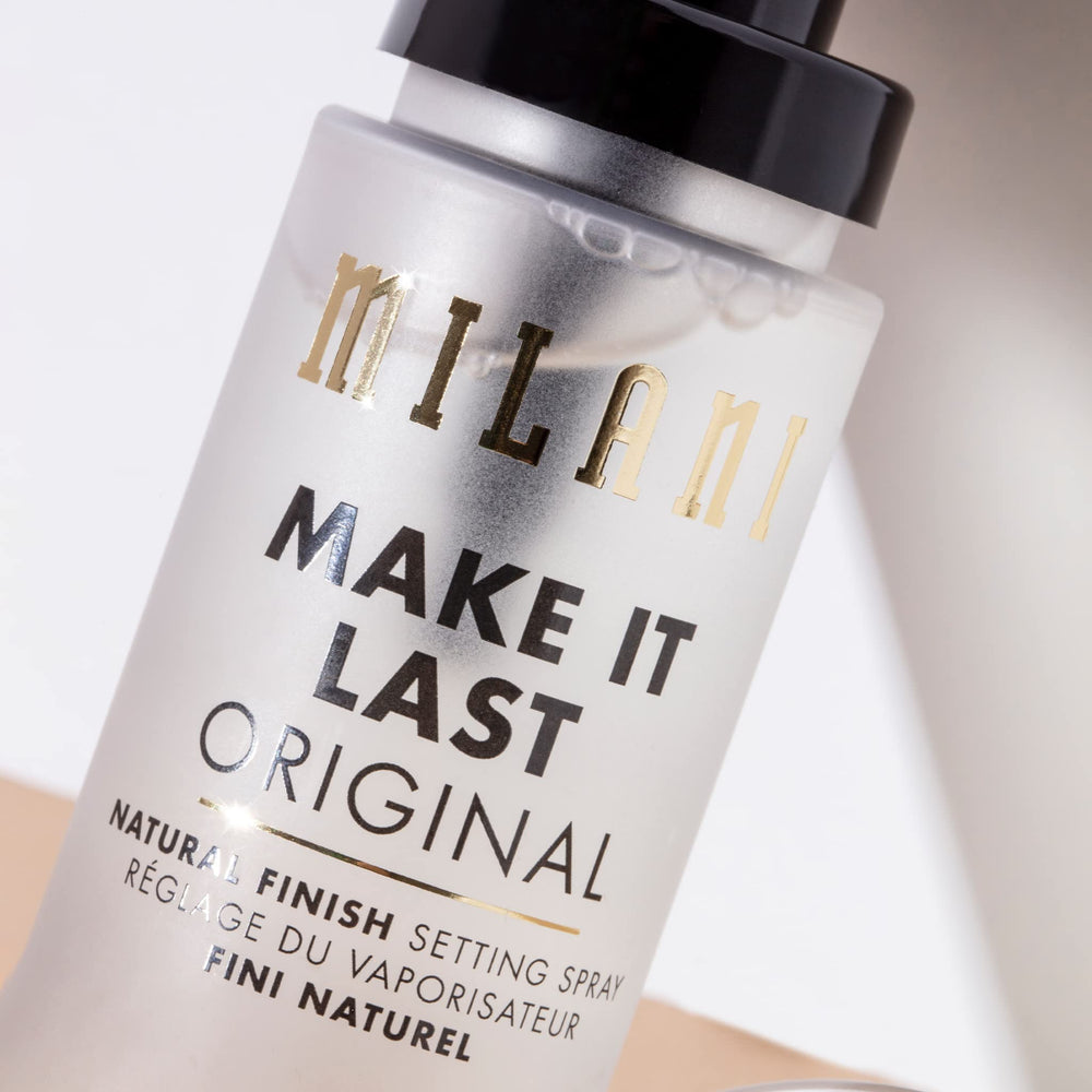Milani Setting Spray finish close-up reveals dewy look and all-day refresh.