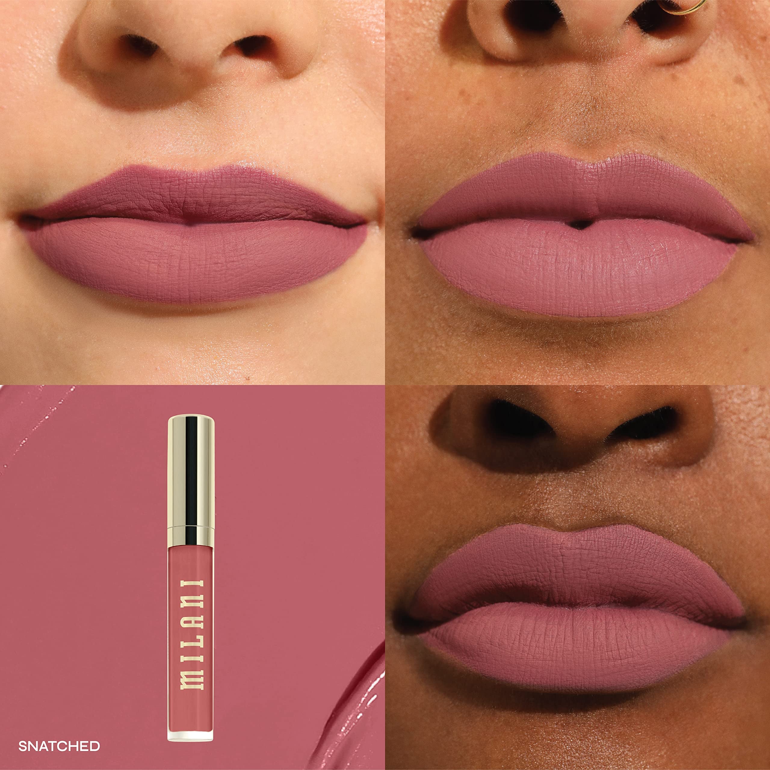 Milani Stay Put Lipstick swatches show neutral to bold shades with rich payoff.
