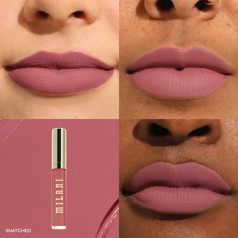 Milani Stay Put Lipstick swatches show neutral to bold shades with rich payoff.