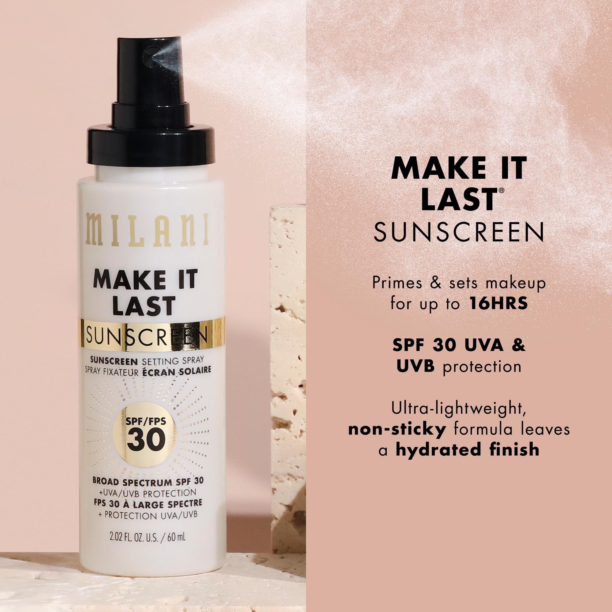 Milani setting spray mist applied to the face yields a dewy finish.