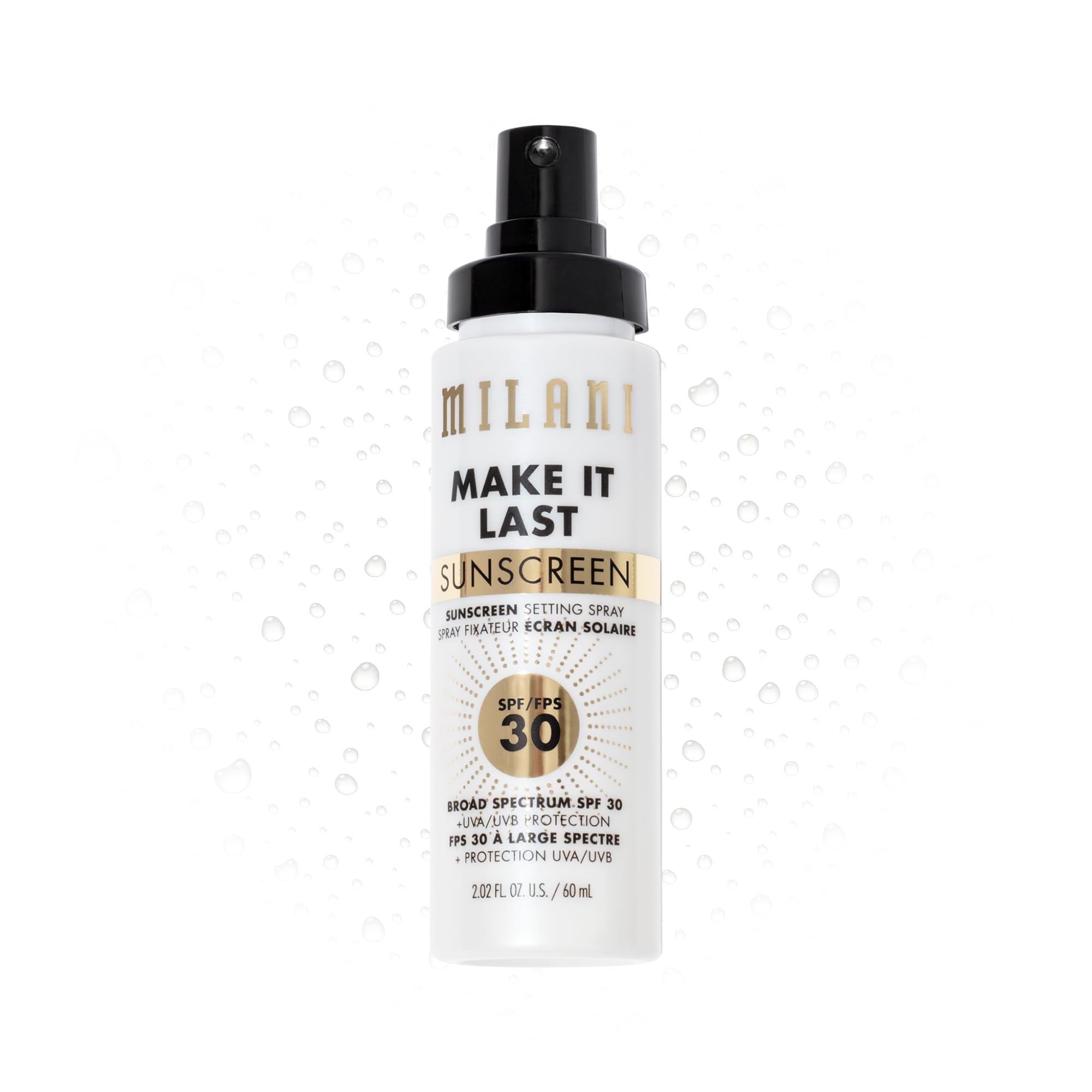 Milani Sunscreen Setting Spray bottle with SPF 30 for all-day protection and makeup hold.