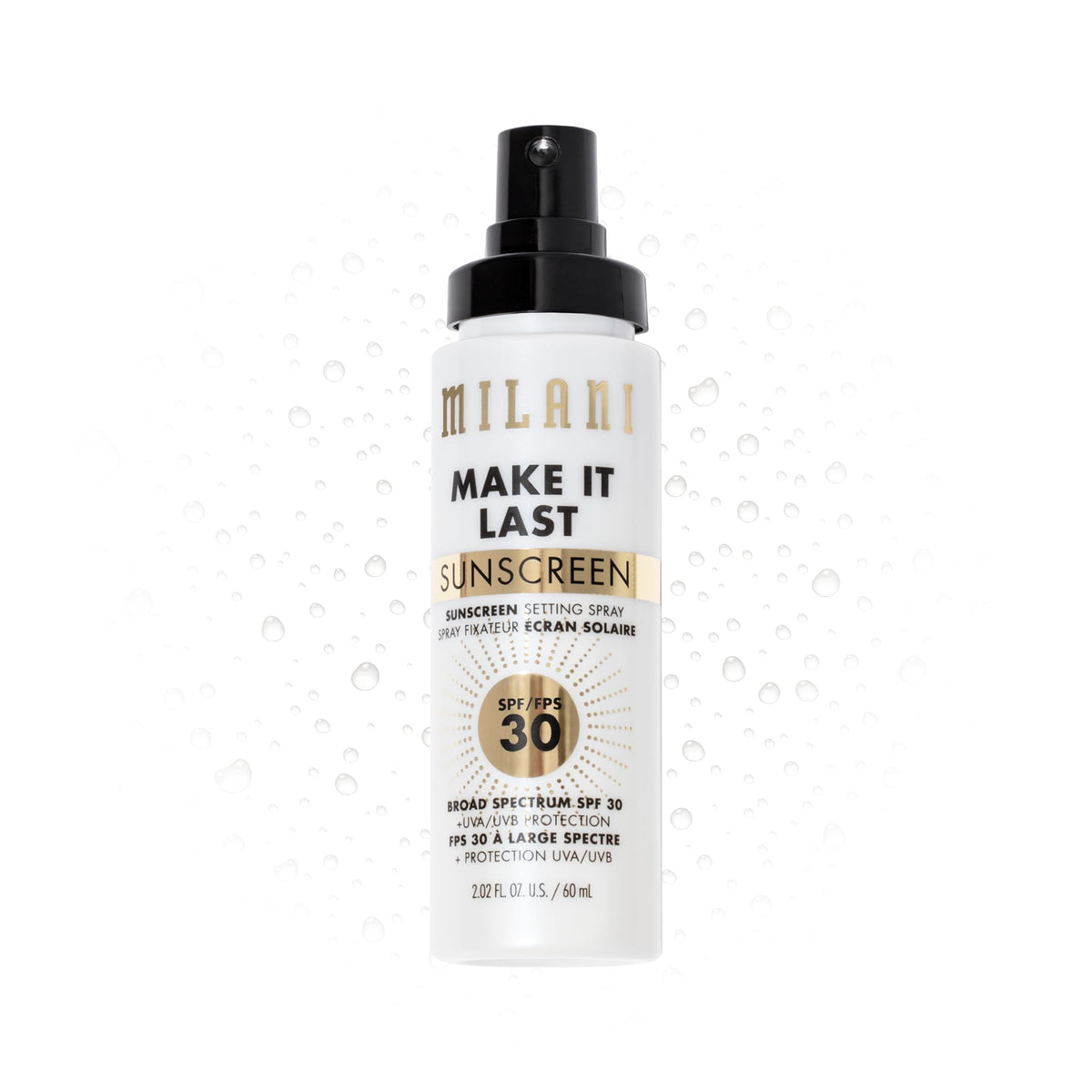 Milani Sunscreen Setting Spray bottle with SPF 30 for all-day protection and makeup hold.
