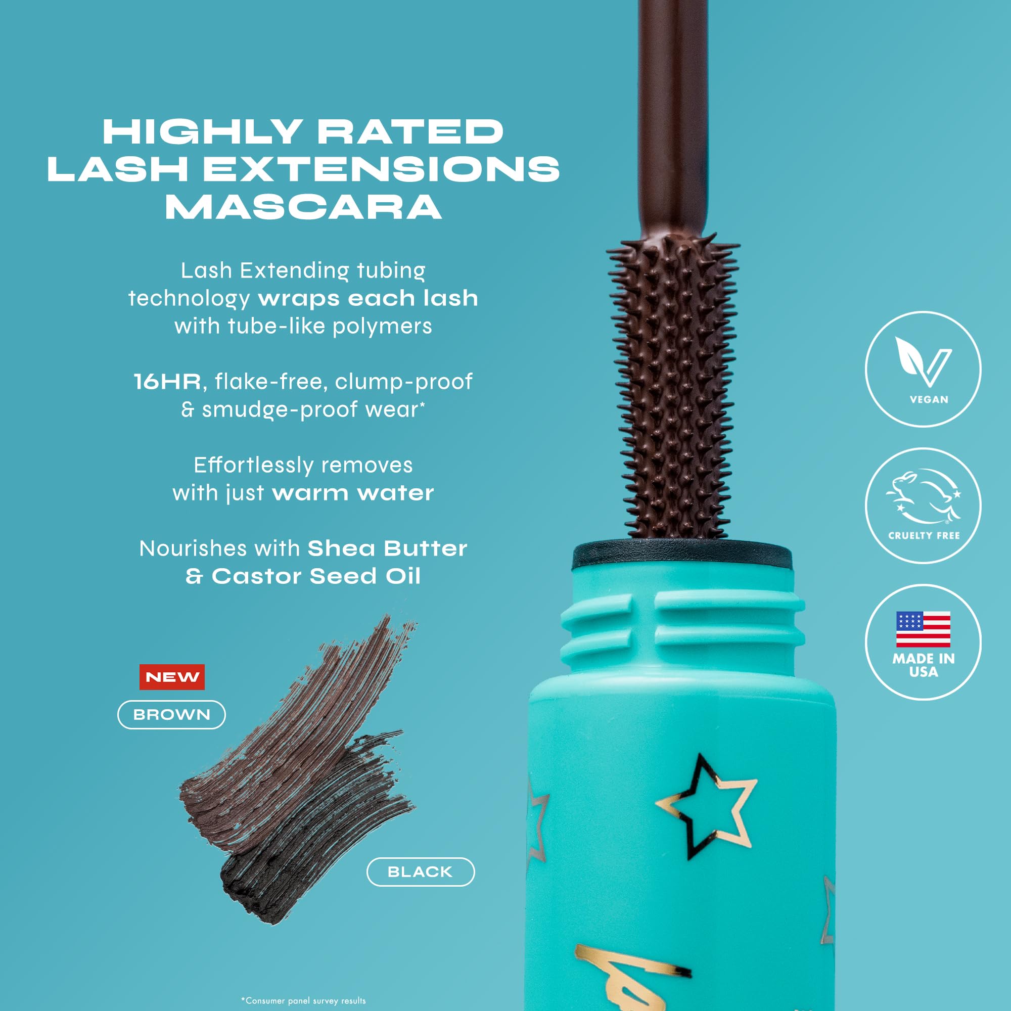 Milani Tubing Mascara brown wand application demonstrates smooth coat