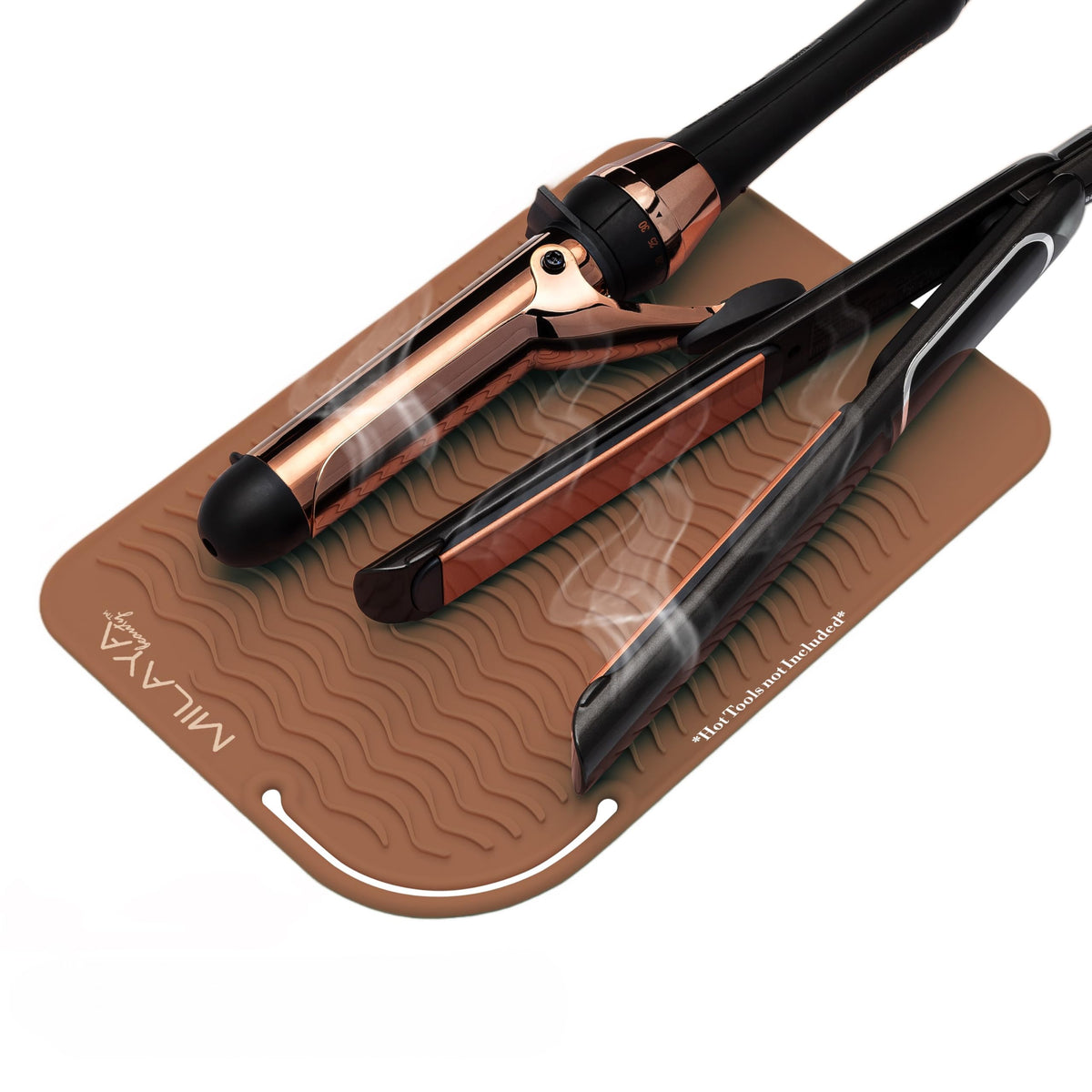 Milaya Beauty Heat Resistant Mat shown at 7.5x11 inches protects countertops during styling.