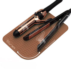 Milaya Beauty Heat Resistant Mat shown at 7.5x11 inches protects countertops during styling.