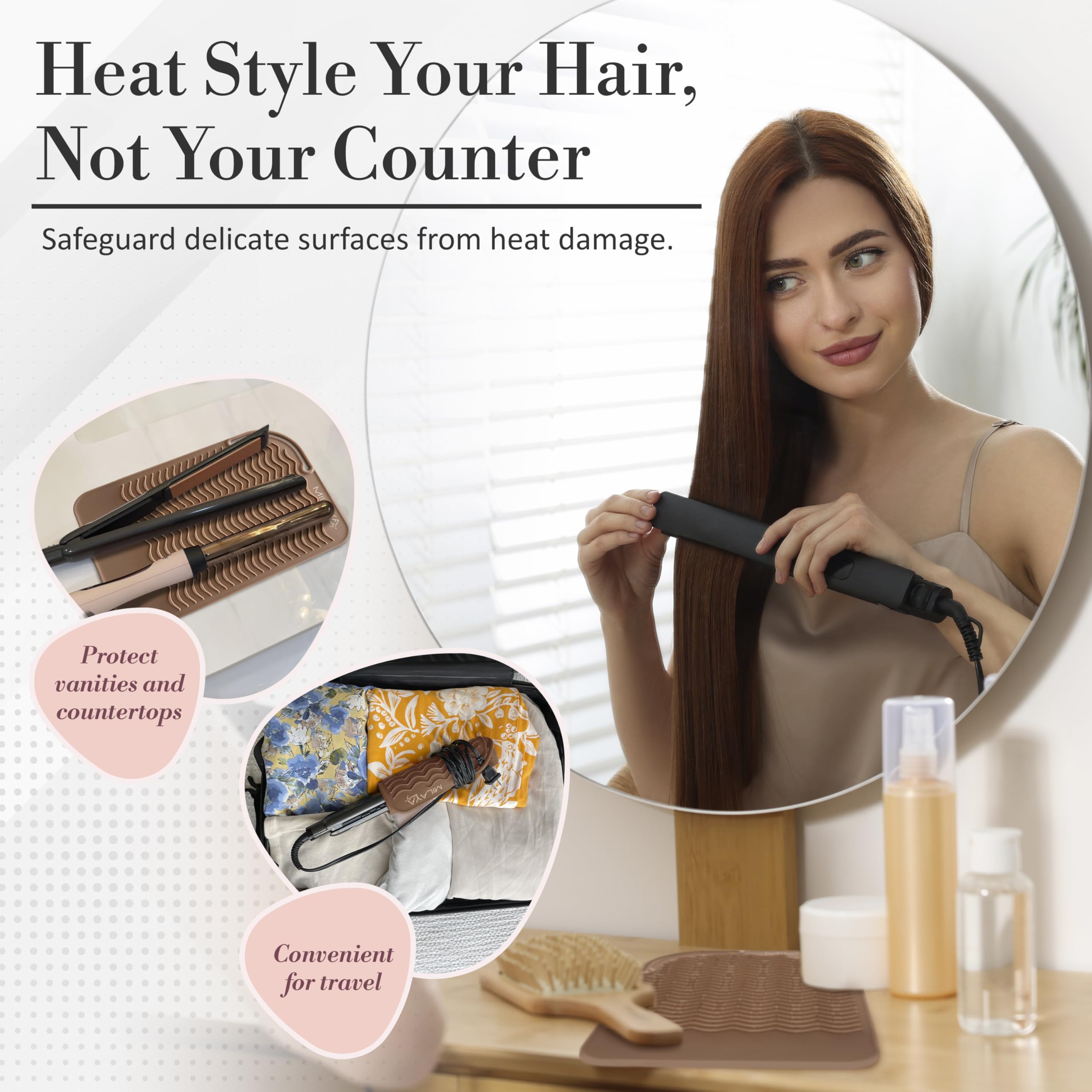 Milaya Beauty hot tool holder demonstrates secure curling iron placement for quick, organized styling.