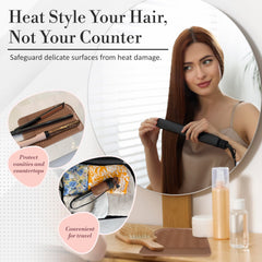 Milaya Beauty hot tool holder demonstrates secure curling iron placement for quick, organized styling.