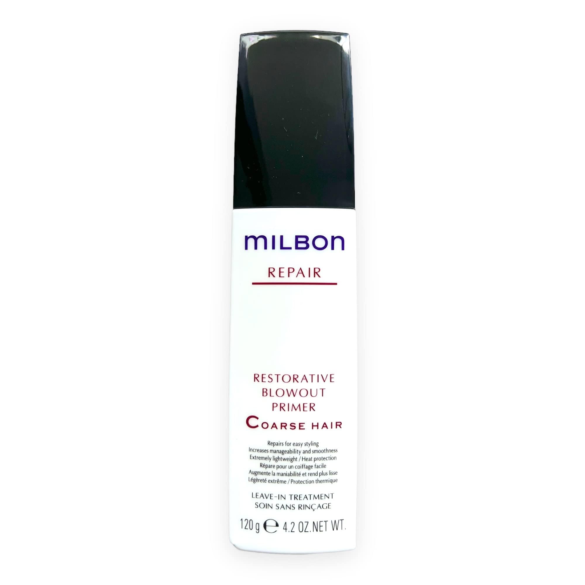 Milbon Repair Restorative Blowout Primer bottle shows heat protection for coarse hair during styling.