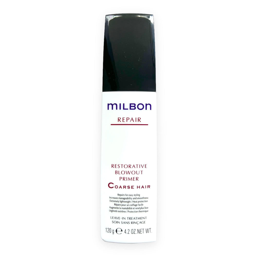 Milbon Repair Restorative Blowout Primer bottle shows heat protection for coarse hair during styling.