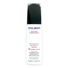 Milbon Repair Restorative Blowout Primer bottle shows heat protection for coarse hair during styling.