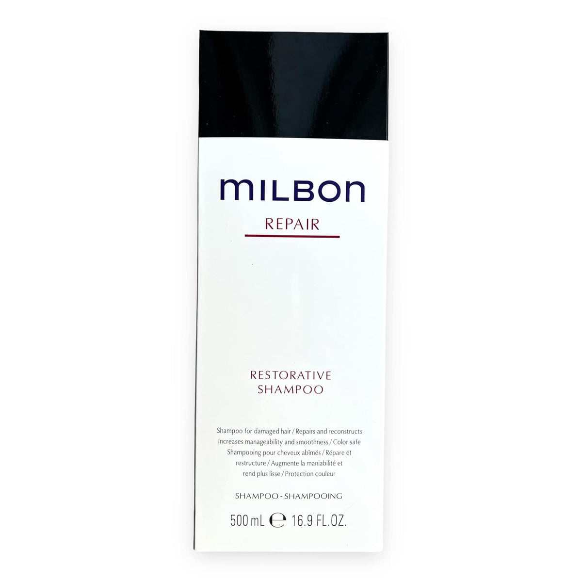 Milbon Repair Restorative Shampoo bottle showing gentle cleansing and elasticity-boosting potential