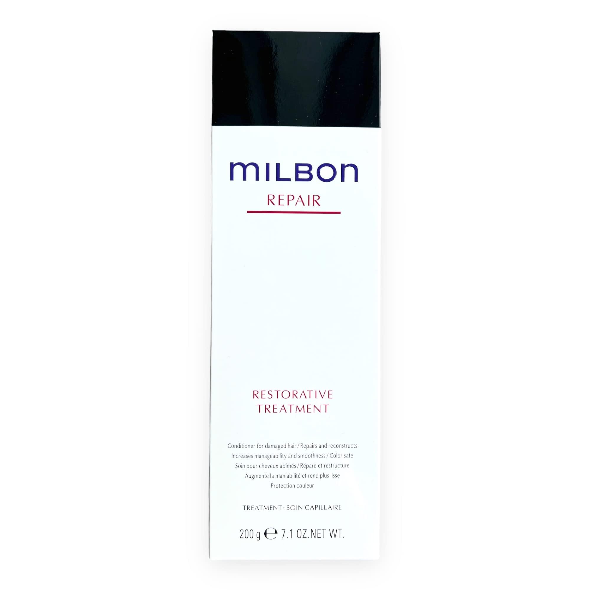 Milbon Repair Restorative Treatment bottle showing dual-repair technology for damaged hair