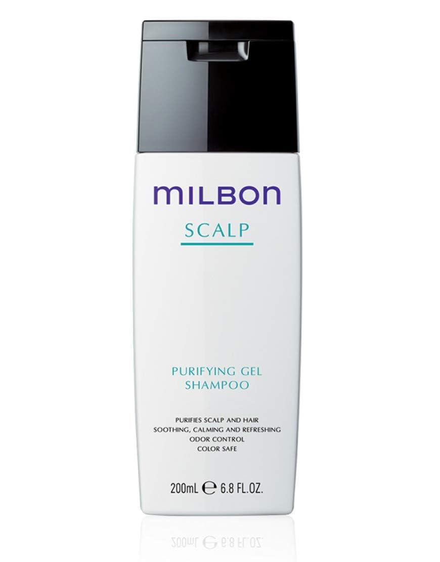 Milbon Scalp Purifying Gel Shampoo bottle close-up showing detoxifying cleanse for the scalp.
