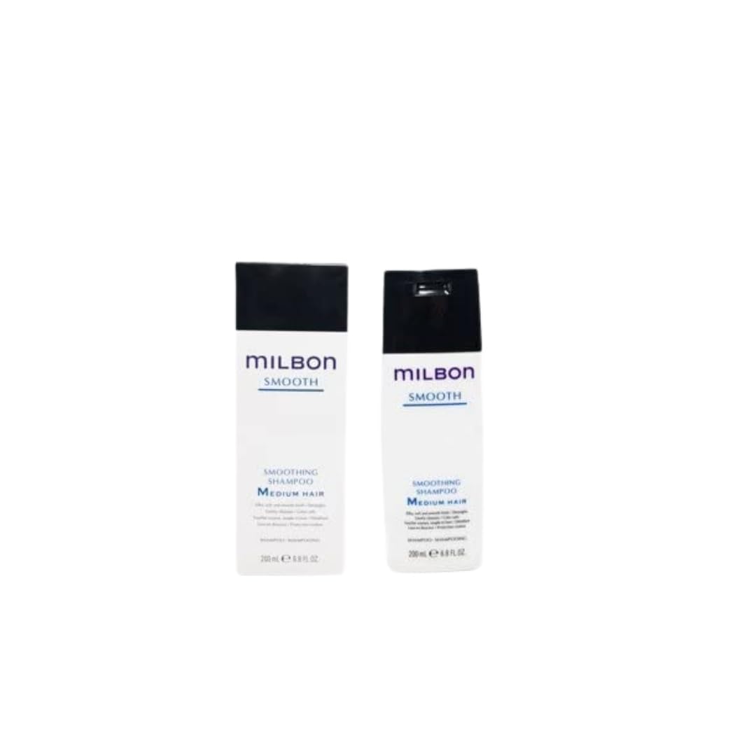 Milbon smoothing shampoo bottle shows frizz-control and shine