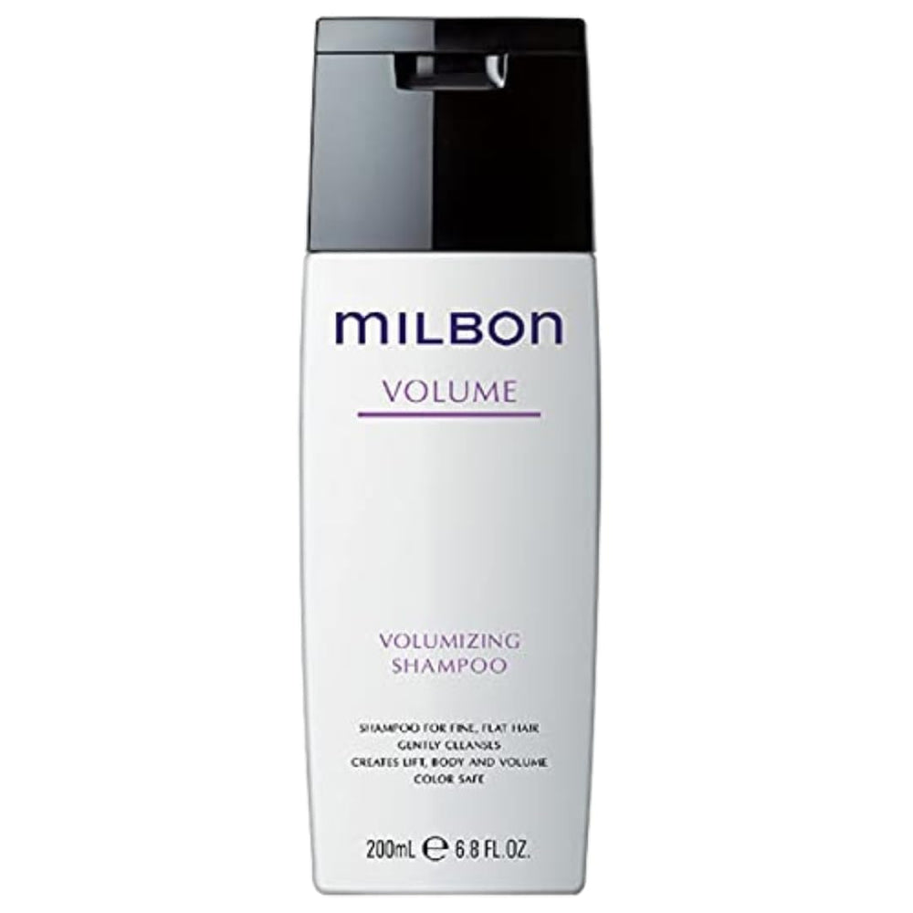 Milbon Volumizing Shampoo bottle closeup showing body-boosting cleanse for fine hair