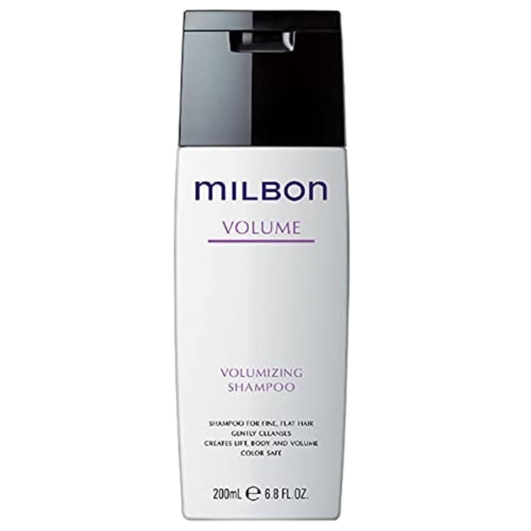 Milbon Volumizing Shampoo bottle closeup showing body-boosting cleanse for fine hair