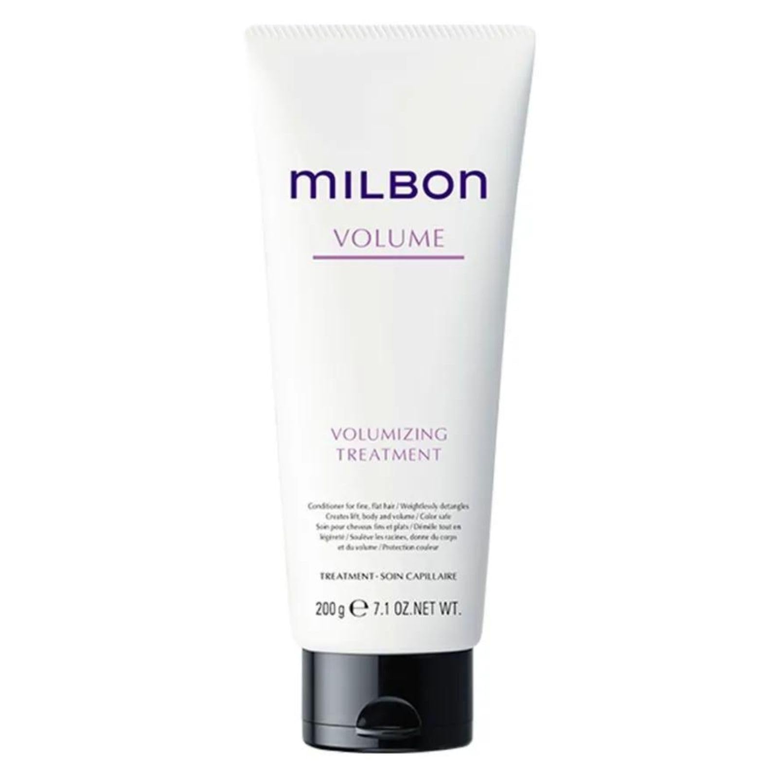 Milbon Volumizing Treatment Conditioner application shows weightless conditioning and added lift for fine hair.