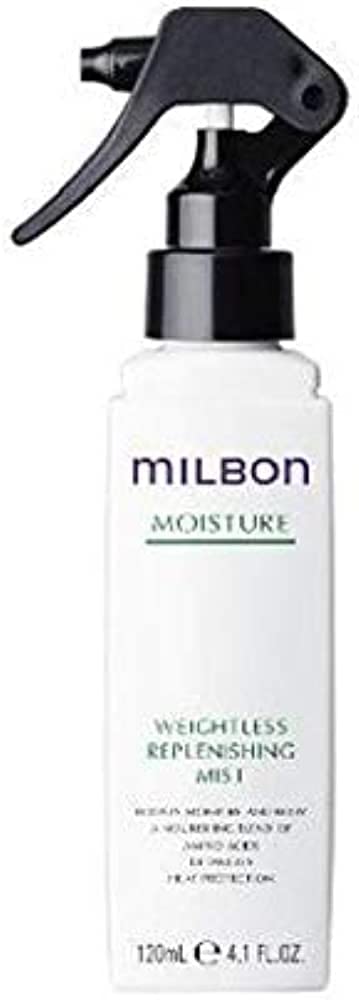 Milbon Weightless Replenishing Mist bottle detangles and adds shine for smooth styling.