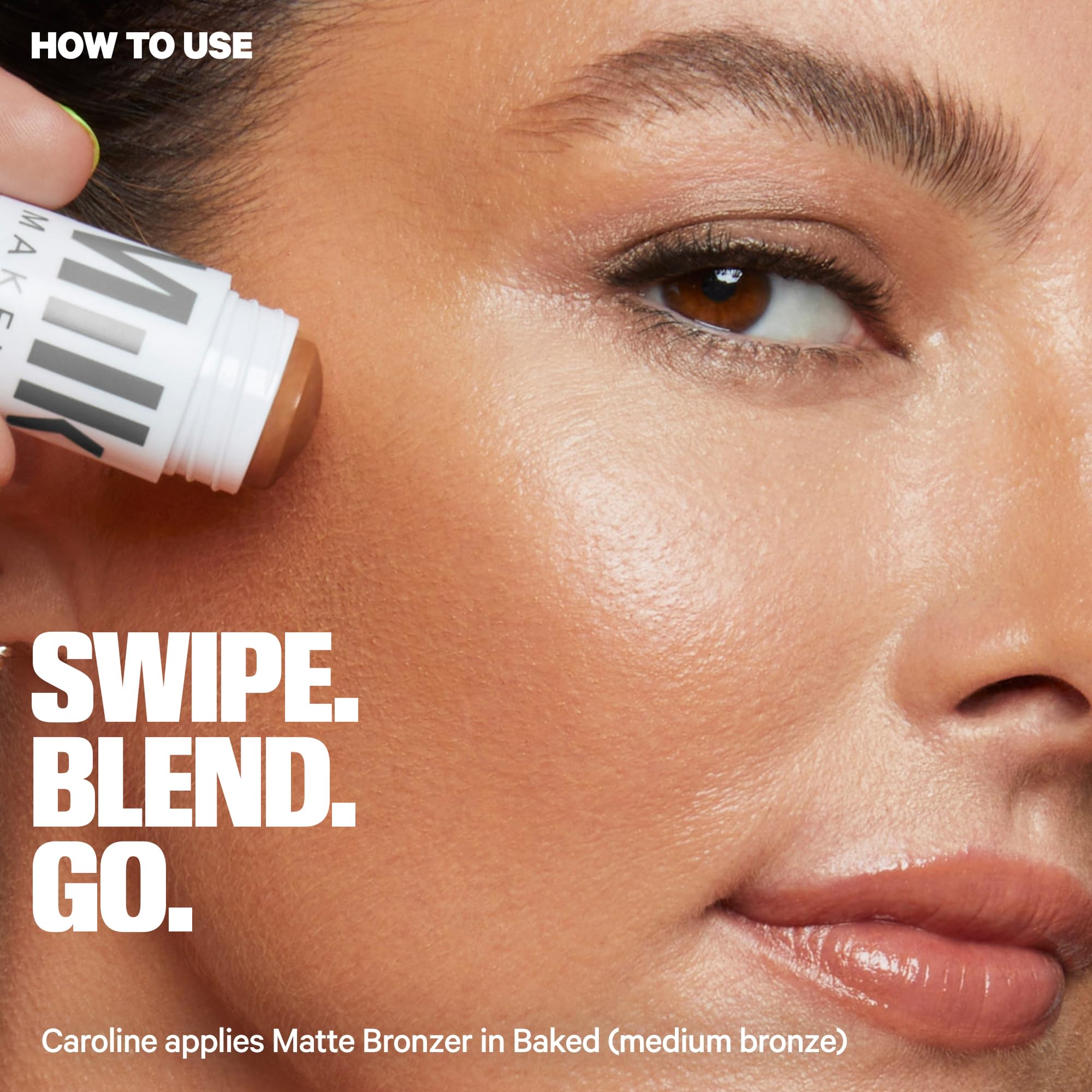 Complete Milk Makeup trio on model’s face for day-to-night look.