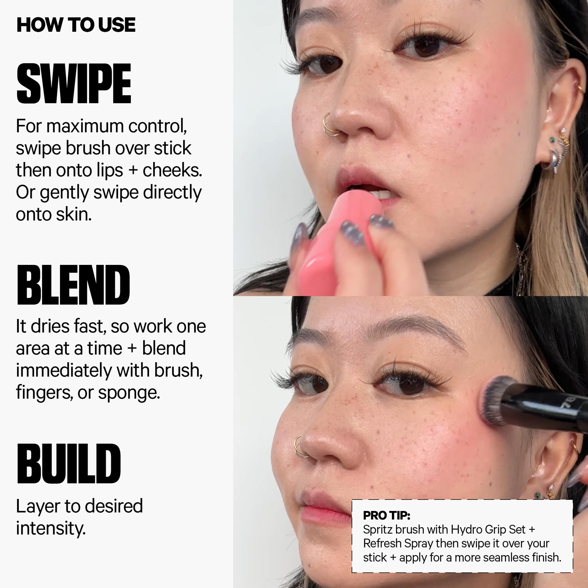 Cheek swatch shows buildable color with Milk Makeup jelly tint