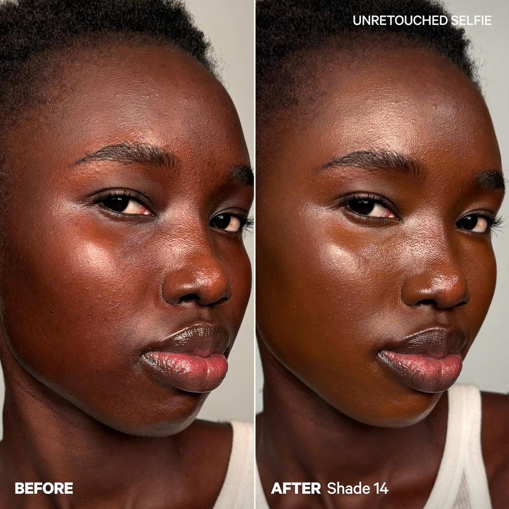 Swatch demonstrates buildable coverage and dewy finish on skin.