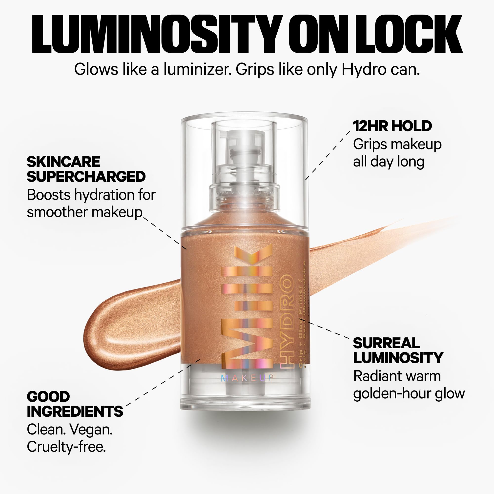  Milk Makeup Hydro Grip + Glow Primer on skin delivering luminous gold finish