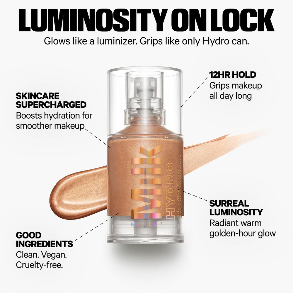  Milk Makeup Hydro Grip + Glow Primer on skin delivering luminous gold finish