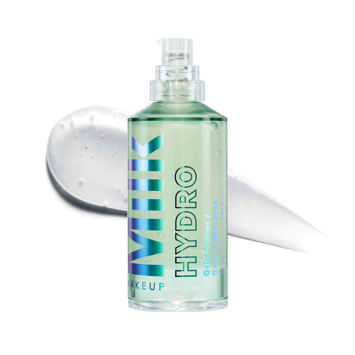 Milk Makeup Hydro Grip Primer bottle with pump showing clear gel and hydration.