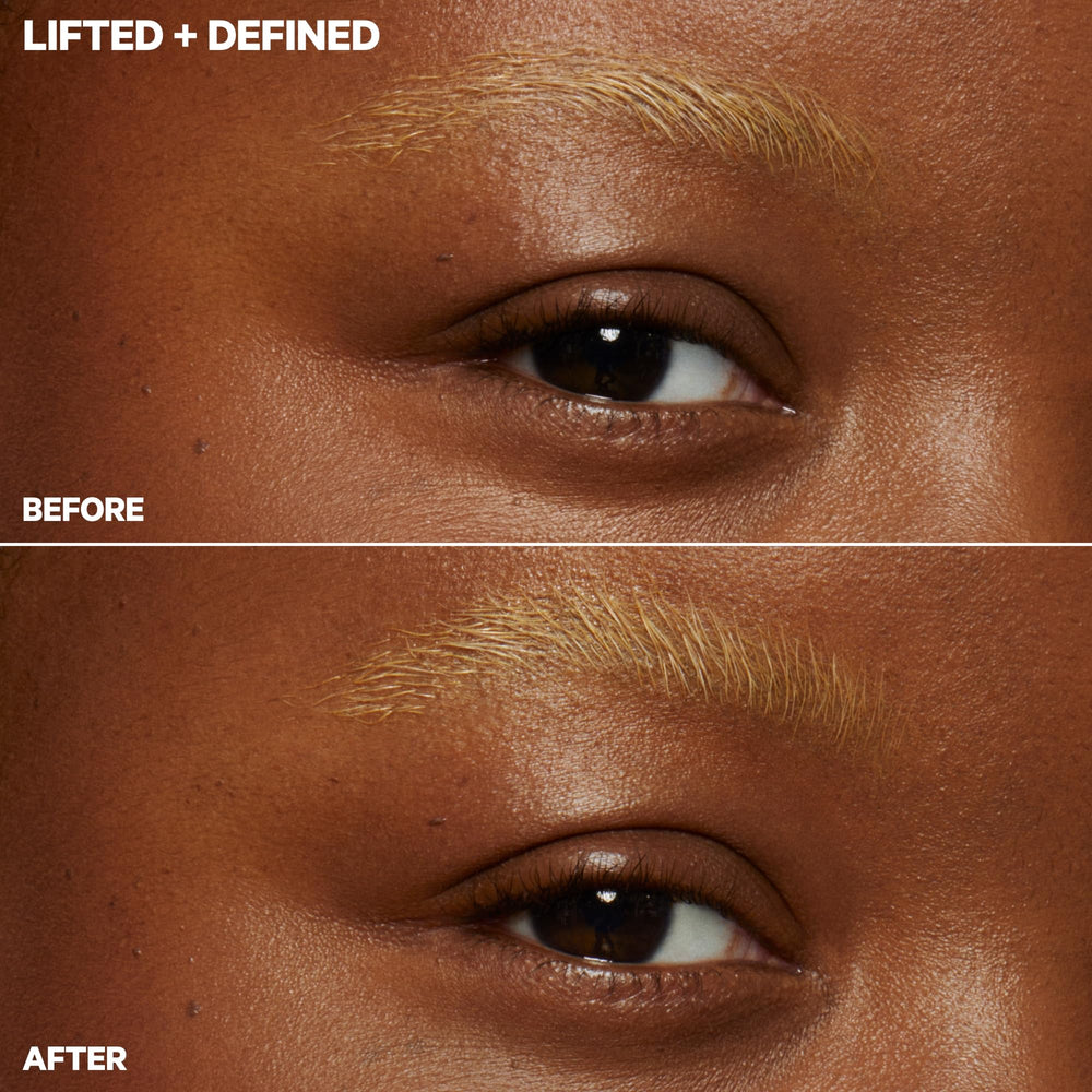 Milk Makeup KUSH Brow Lamination Gel closeup on brows showing feathered texture